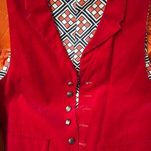 Vintage 1970s Red Velvet Vest Mod Geometric Lining Metal Buttons Retro Boho